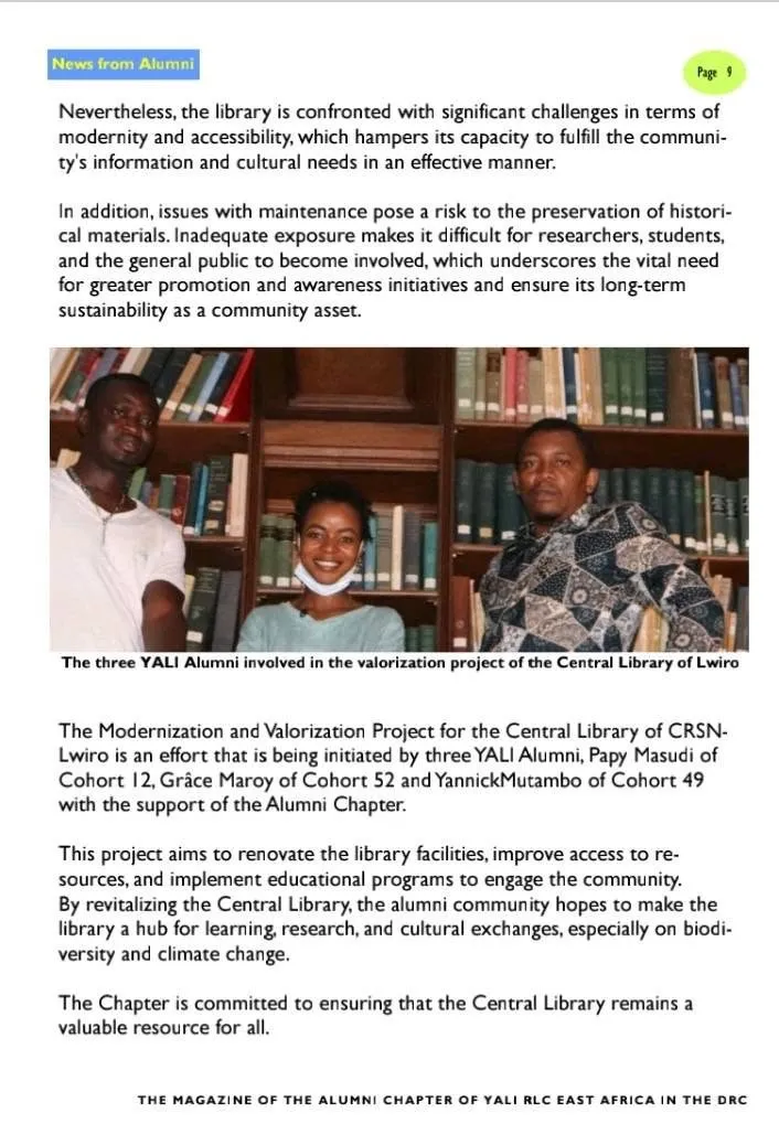 Le projet présenté dans le magazine du chapitre RDC des anciens de YALI RLC Afrique de l'Est (p. 9).